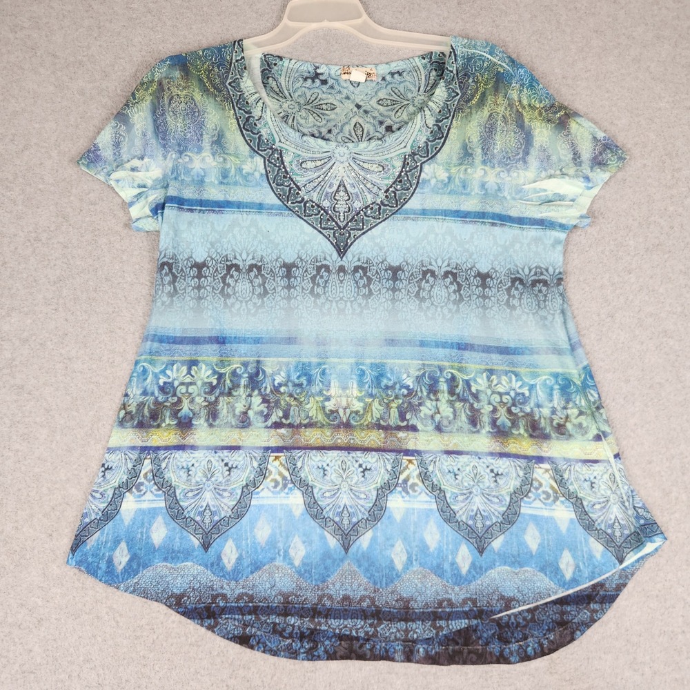 World Unity Top Women XL Blue Patterned Medallion Short Sleeve Boho High Low Hem